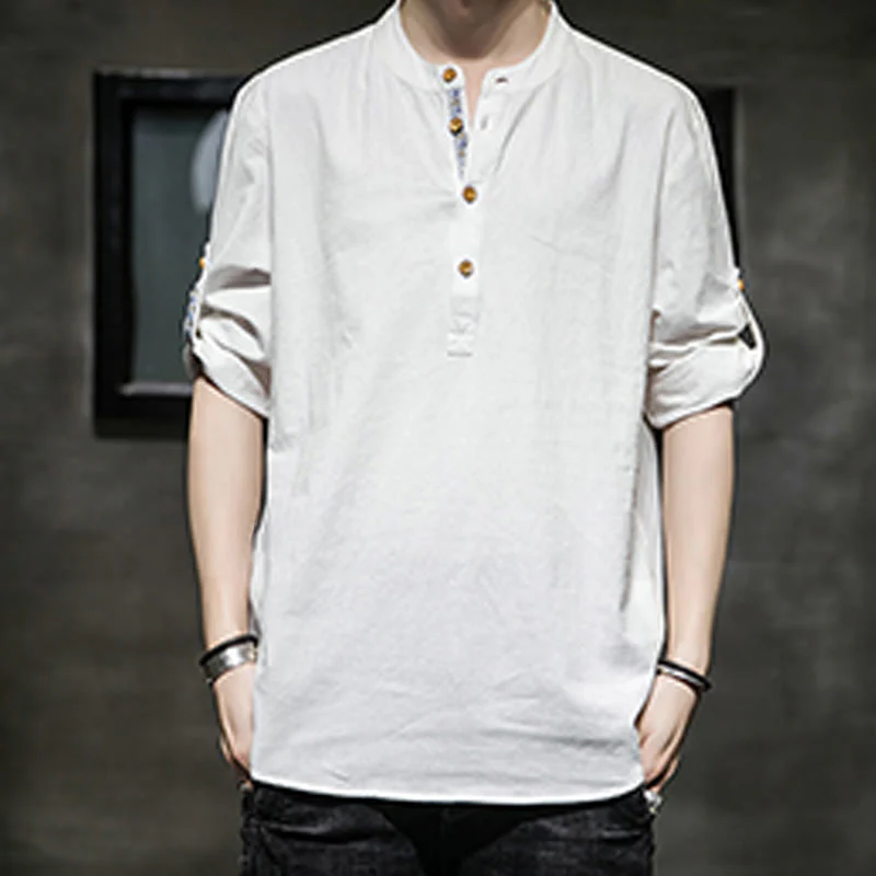 Buddha Stones Summer Solid Men's Half Buttons Half Sleeve Linen Shirt