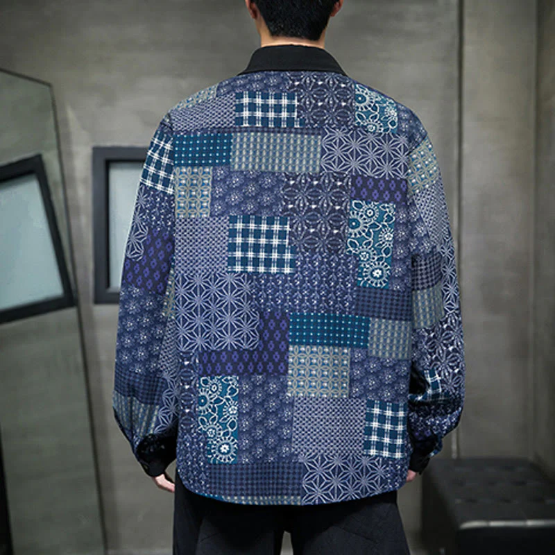 Buddha Stones Men's Flower Pattern Stitching Cotton Blend Long Sleeve Shirt