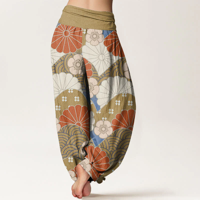 Buddha Stones Casual Abstract Petal And Wave Pattern Women's Elastic Waist Harem Pants