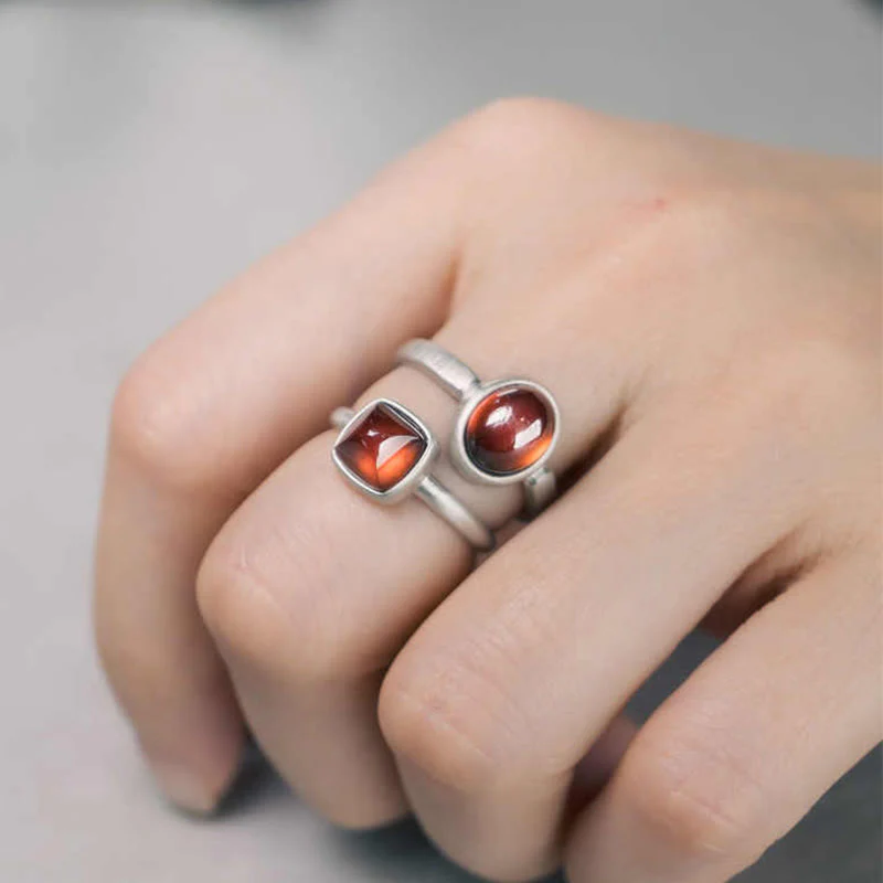 Buddha Stones Natural 925 Sterling Silver Garnet Adjustable Inserted Calm Ring