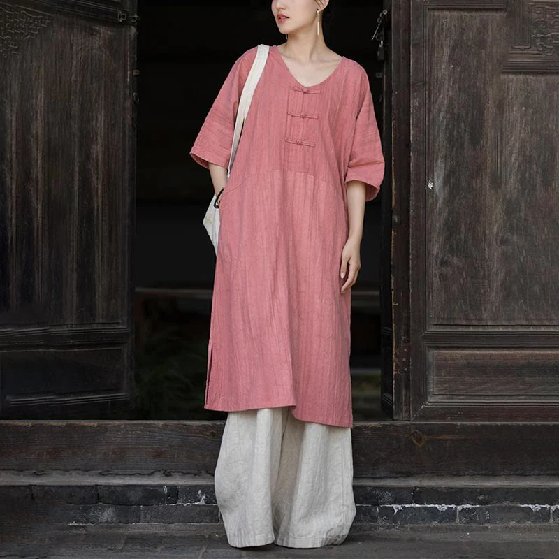 Buddha Stones Handmade Tie Dye Ramie Linen Frog-Button Midi Dress Wide Leg Pants With Pockets