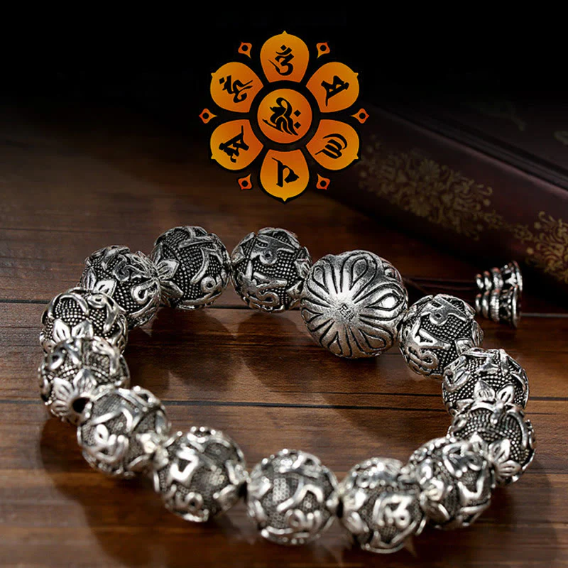 Buddha Stones Tibetan Om Mani Padme Hum Carved Alloy Beads Amulet Bracelet (Extra 35% Off | USE CODE: FS35)