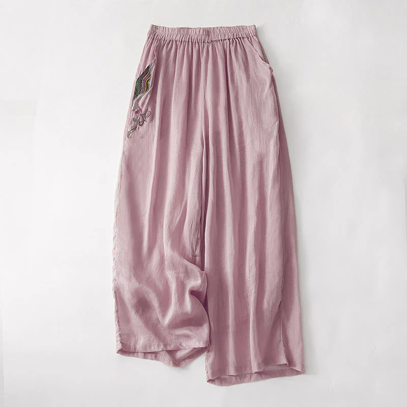 Buddha Stones Casual Flower Embroidery Women's Cotton Linen Elastic Waist  Wide Leg Pants With Pockets