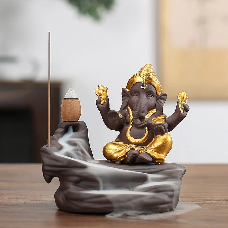 Buddha Stones Ganesh Elephant Purple Clay Backflow Smoke Fountain Protection Stick Incense Burner