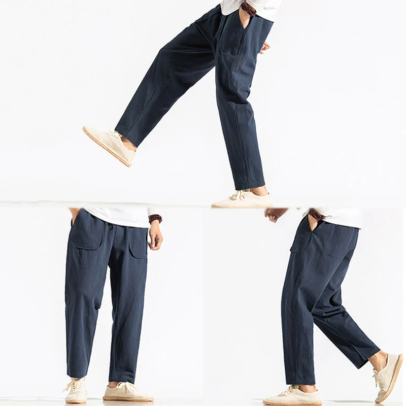 Buddha Stones Retro Casual Drawstring Design Men's Harem Cotton Plain Pants With Pockets
