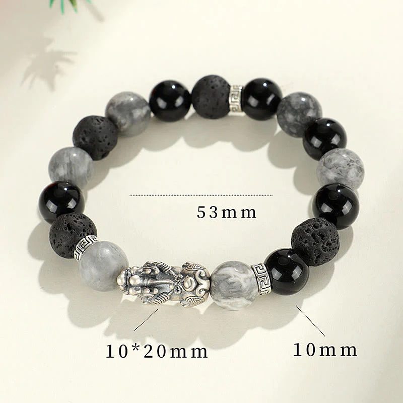 Buddha Stones 999 Sterling Silver PiXiu Black Onyx Grey Jasper Lava Rock Protection Bracelet