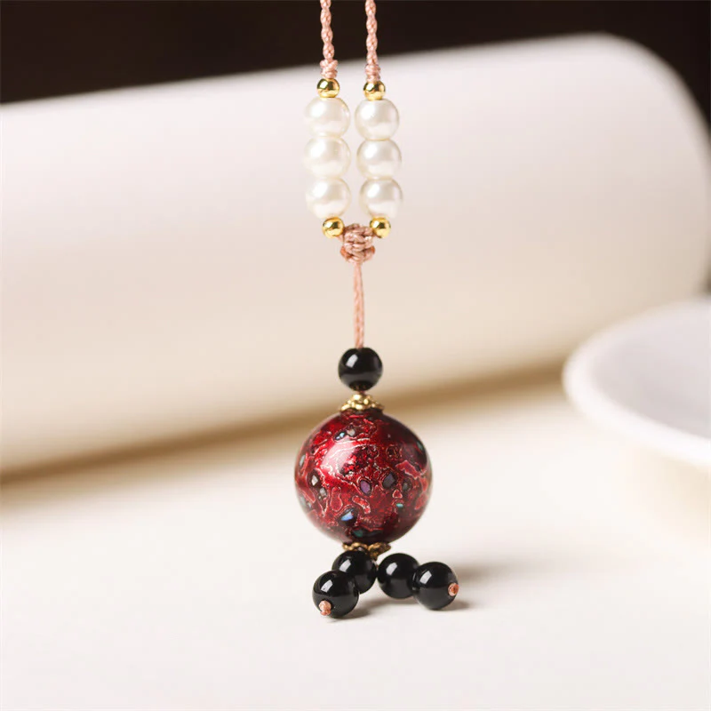 Buddha Stones Ebony Wood Aurora Lacquer Craft Bead Pearl Balance Necklace Pendant