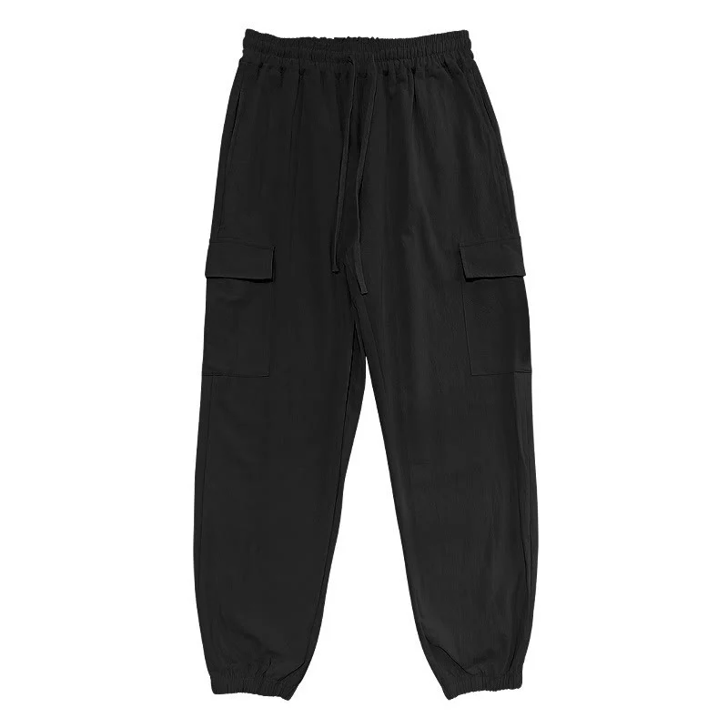 Buddha Stones Solid Color Linen Drawstring Men's Cargo Pants With Pockets