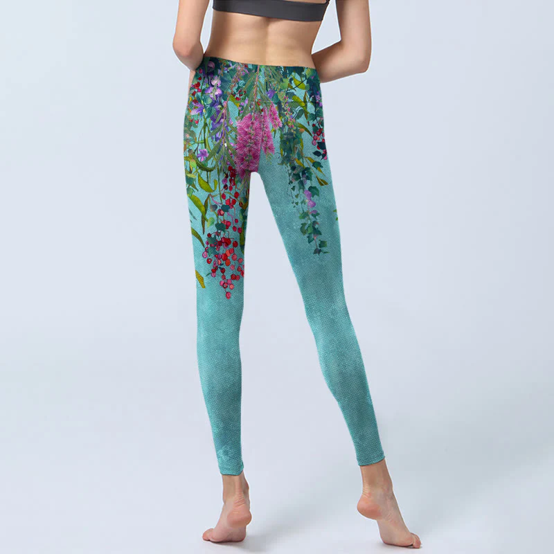 Buddha Stones Vibrant Flowers Green Willow Leaves Print Gym Leggings Women's Yoga Pants