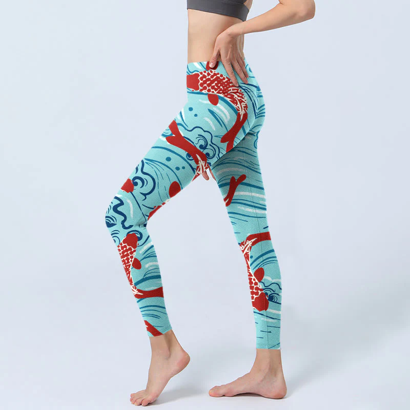 Buddha Stones Koi Fish Wave Pattern Print Gym Leggings Women's Yoga Pants