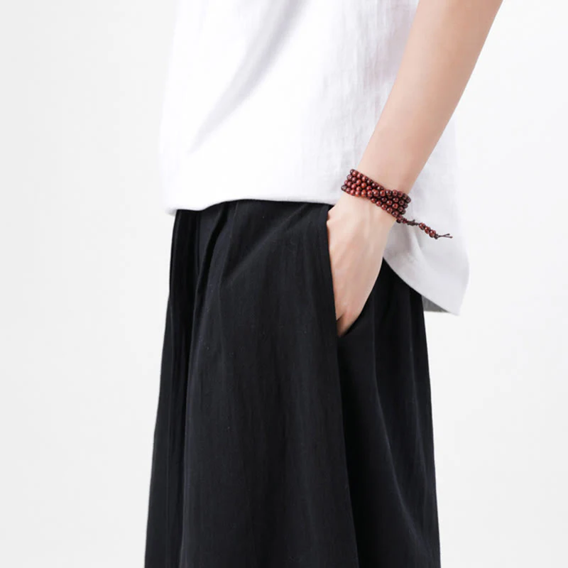 Buddha Stones Spring Casual Sports Drawstring Design Men's Cotton Linen Wide Leg Pants With Pockets