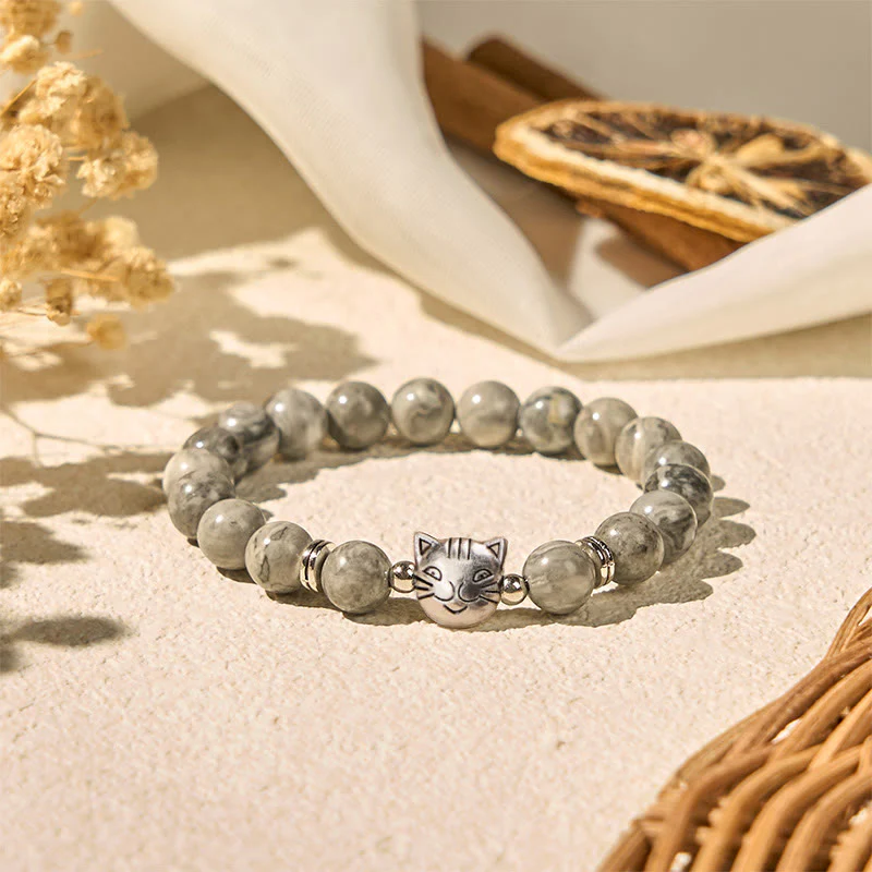 Buddha Stones Cute Cat Natural Grey Jasper Bead Healing Bracelet