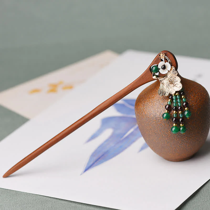 Buddha Stones Red Sandalwood Green Agate Ginkgo Leaf Protection Hairpin
