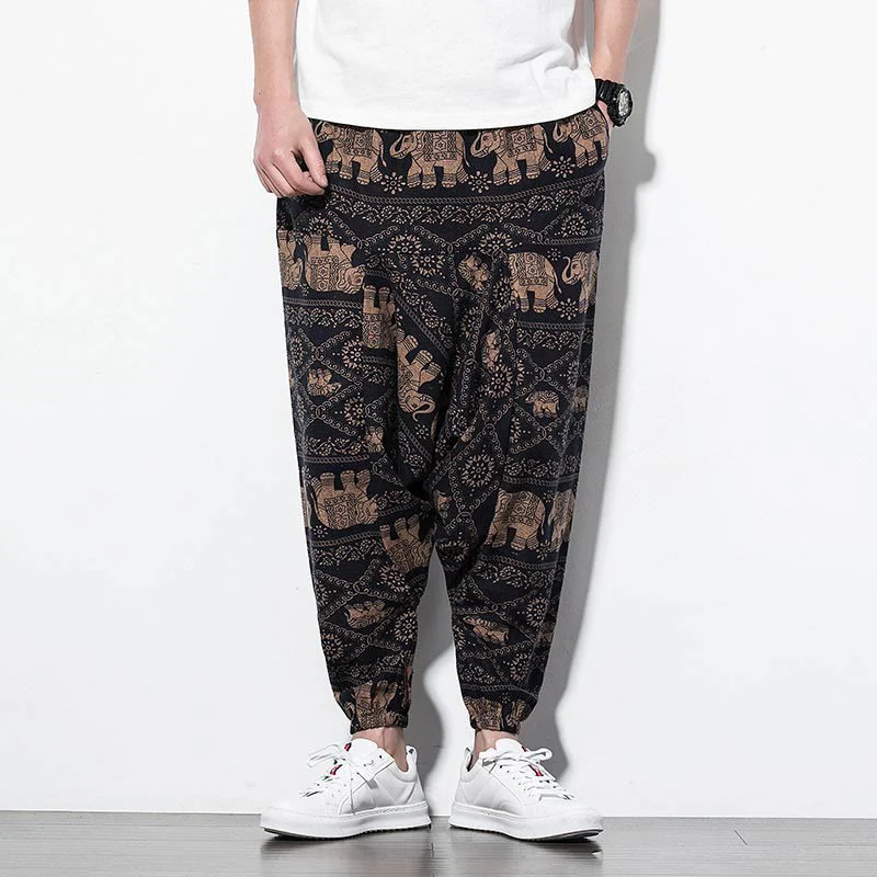 Buddha Stones Elephant Brown Black Print Cotton Men's Long Cropped Harem Pants With Pockets