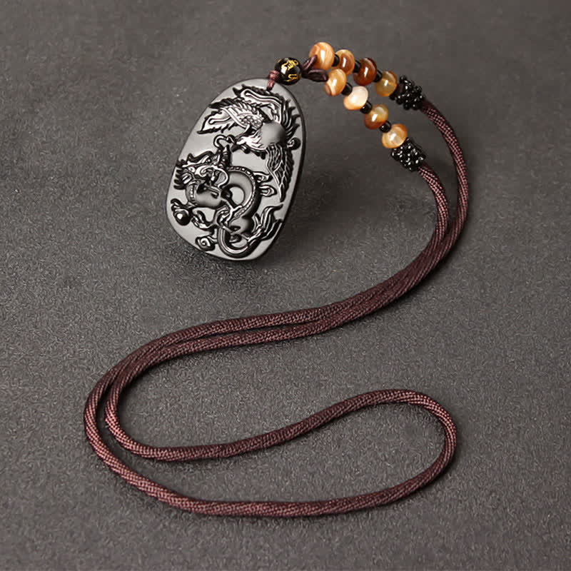Buddha Stones Black Obsidian Tiger Eye Dragon Phoenix Protection Beaded Necklace Pendant