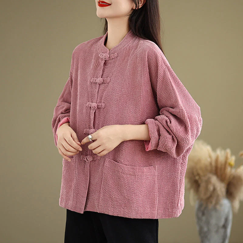 Buddha Stones Frog-button Stand Collar Women's Cotton Linen Corduroy Jacket