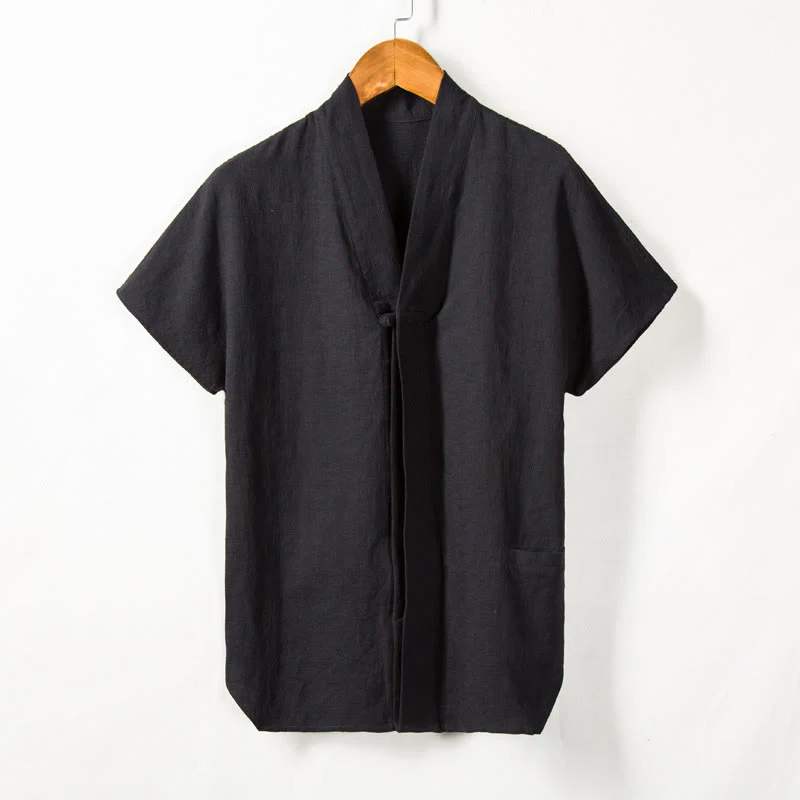 Buddha Stones Men's Short Sleeve Shirt With Pocket V Neck Cardigan Comfort Cotton Linen Shirt