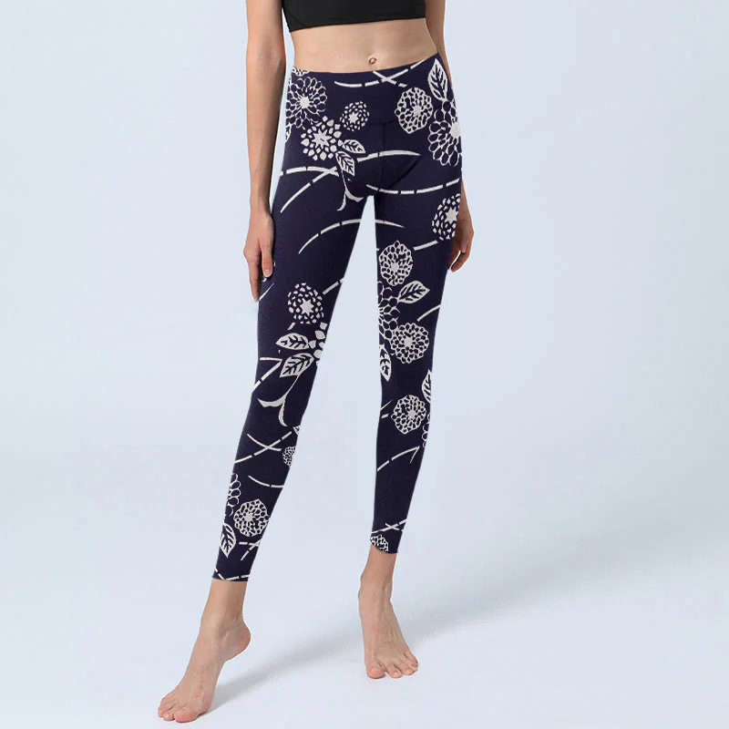 Buddha Stones White Sketch Chrysanthemums Print Gym Leggings Women's Yoga Pants