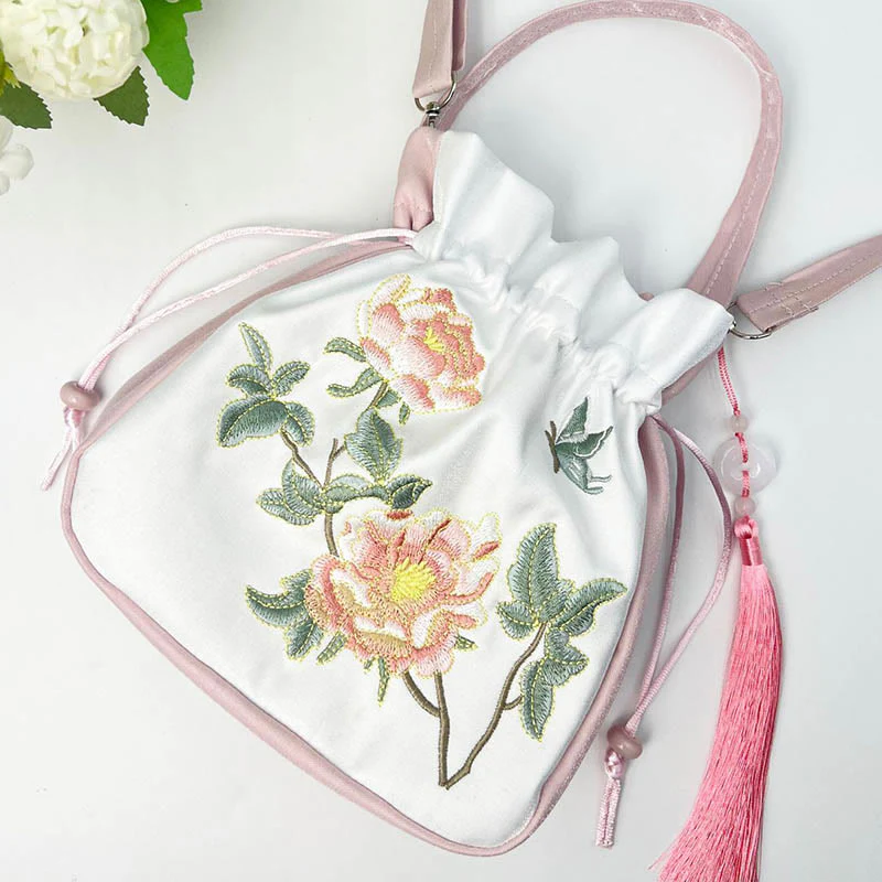 Buddha Stones Embroidered Osmanthus Peony Grape Cat Cotton Linen Tote Crossbody Bag Shoulder Bag Handbag