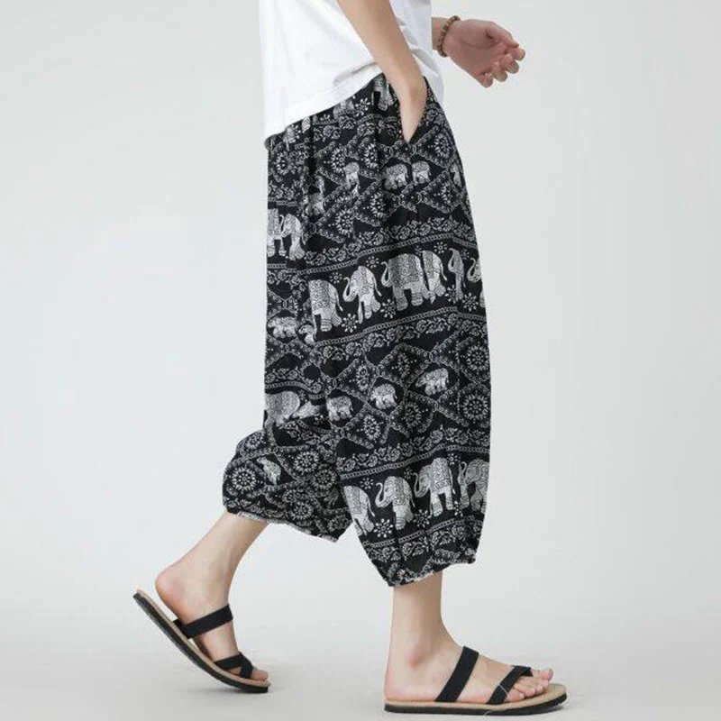 Buddha Stones Summer Square Patchwork Elephant Mandala Geometry Cotton Linen Men's 7-8 Length Pants With Pockets