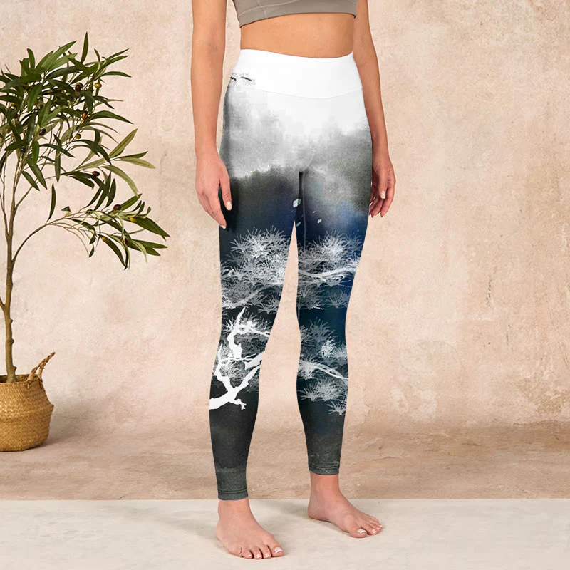 Buddha Stones Ink Painting Pine Tree Print Gym Leggings Women's Yoga Pants