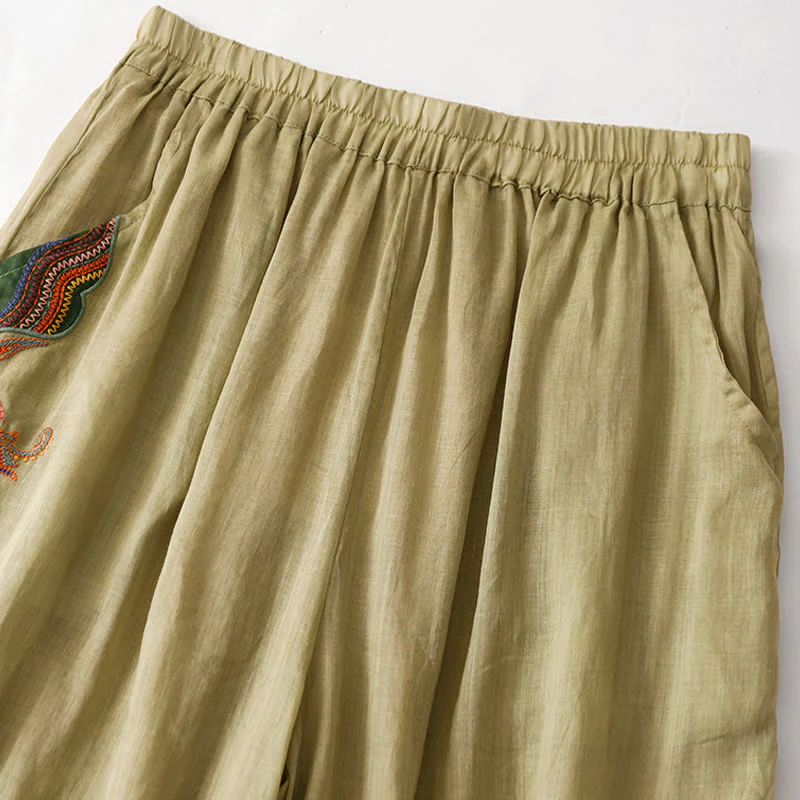 Buddha Stones Summer Embroidery Double Layer Cotton Linen Women's Wide Leg Pants With Pockets