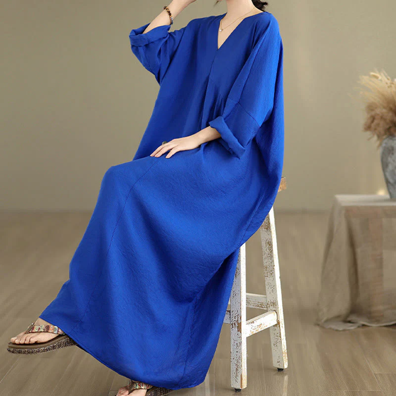 Buddha Stones Fall Casual V-Neck Long Sleeve Cotton Midi Dress
