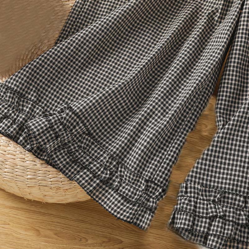 Buddha Stones Casual Cotton Stitching Grid Women's 7-8 Length Wide Leg Pants With Pockets