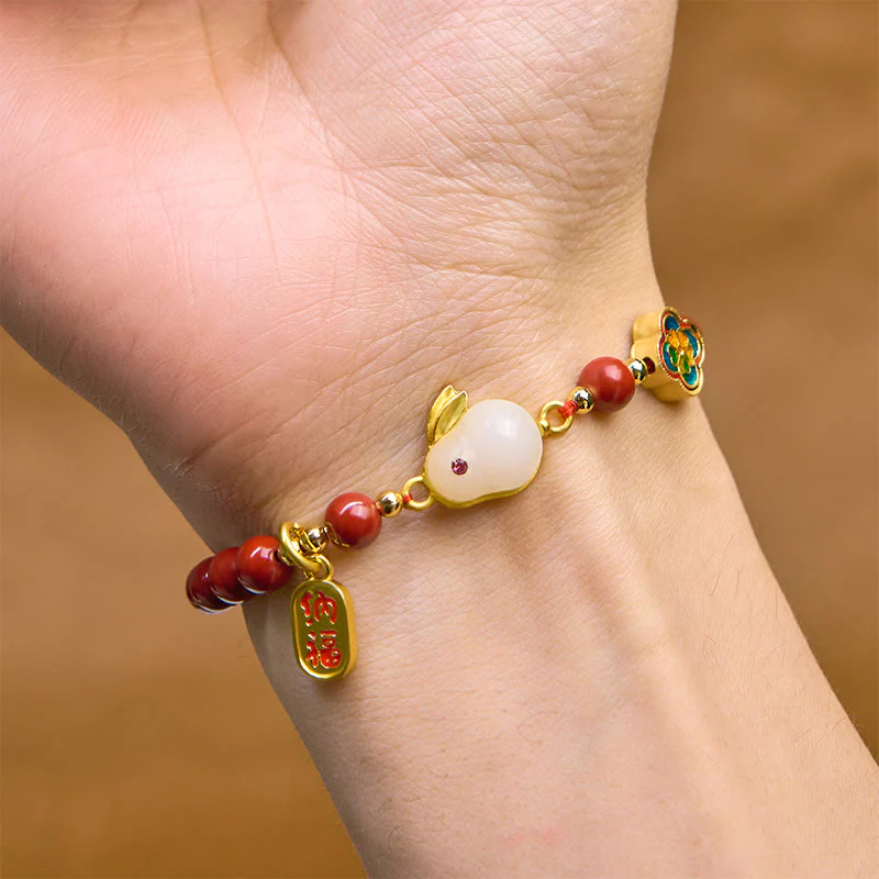 Buddha Stones Cinnabar Cute Rabbit Bunny Fu Character Calm Bracelet