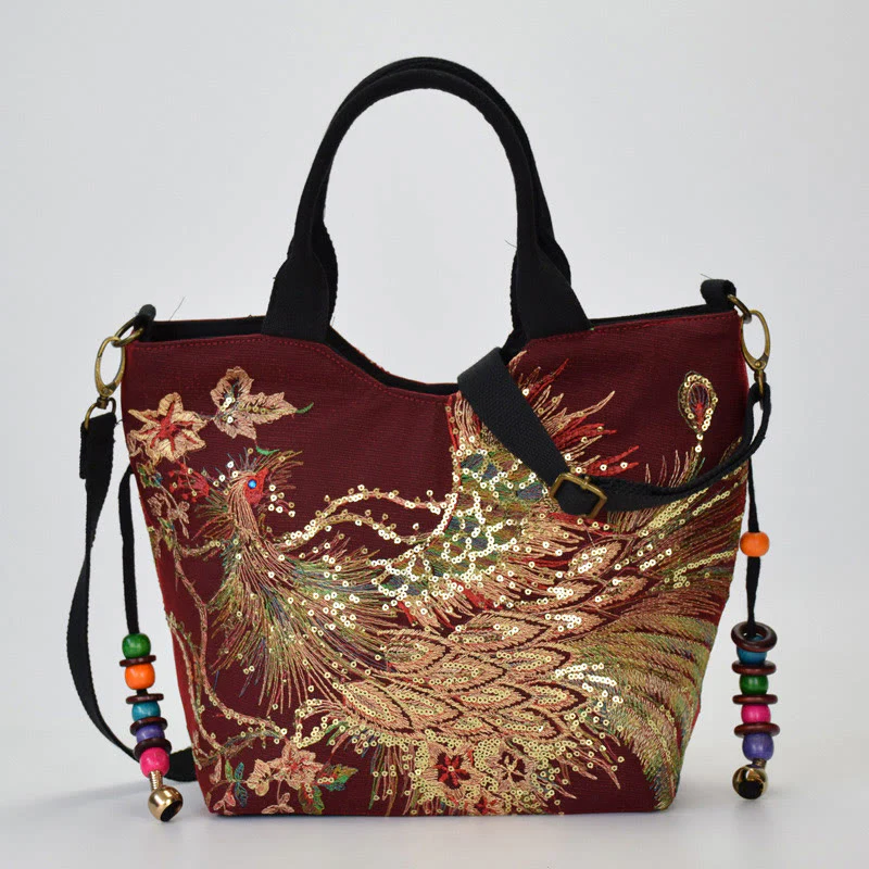 Buddha Stones Peacock Double-sided Embroidery Tote Bag Shoulder Bag Crossbody Bag