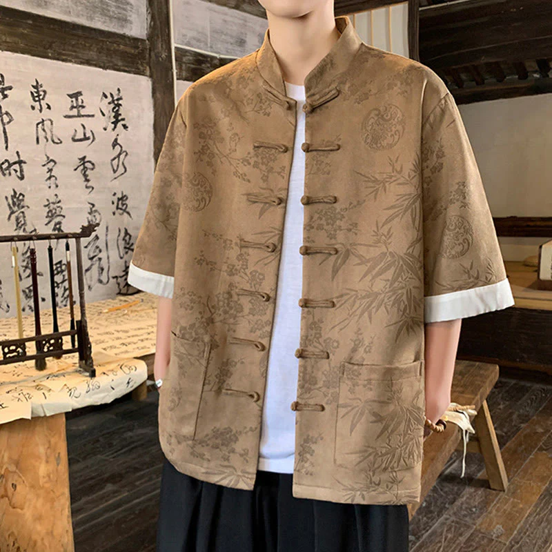 Buddha Stones Jacquard Bamboo Plum Bossom Pattern Chinese Frog-Button Design Men's Half Sleeve Cotton Shirt With Pockets