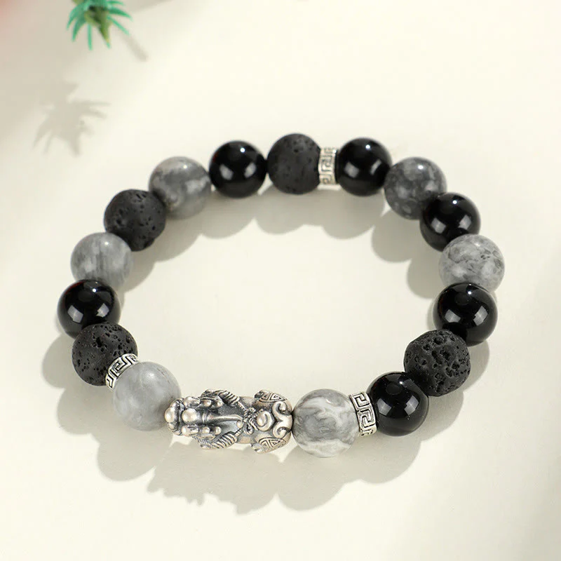 Buddha Stones 999 Sterling Silver PiXiu Black Onyx Grey Jasper Lava Rock Protection Bracelet