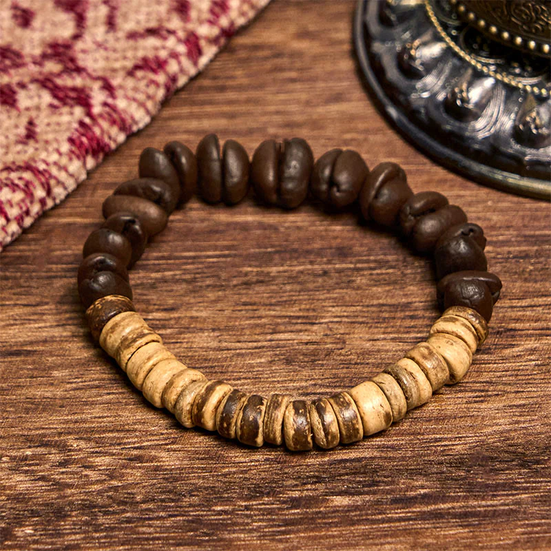 Buddha Stones Handmade Natural Coffee Beans Coconut Shell Happiness Bracelet
