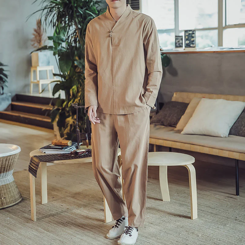 Buddha Stones 2Pcs Cotton Shirt Ankle-Length Pants With Pockets Men's Meditation Cloth Set