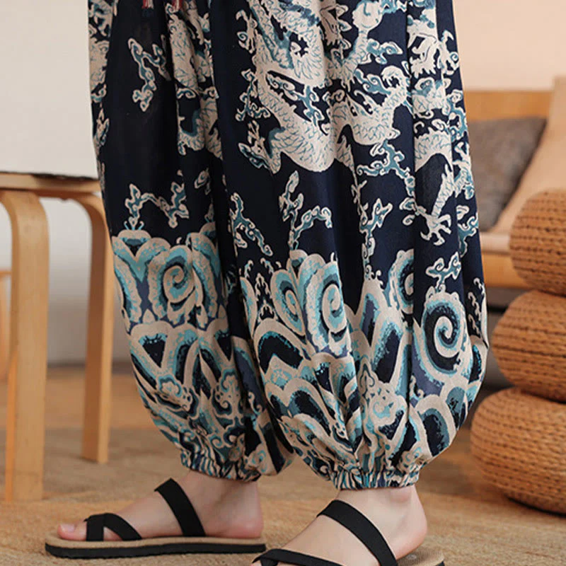 Buddha Stones Dragon Print Cotton Men's Harem Ankle-Length Pants With Pockets