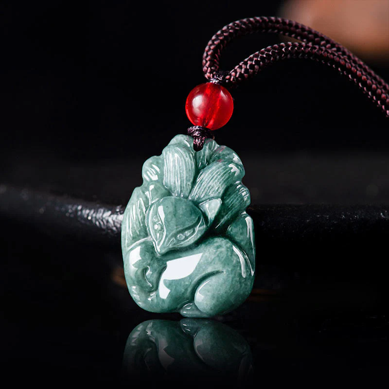 Buddha Stones Natural Green Jade Nine Tailed Fox Engraved Prosperity Necklace Pendant