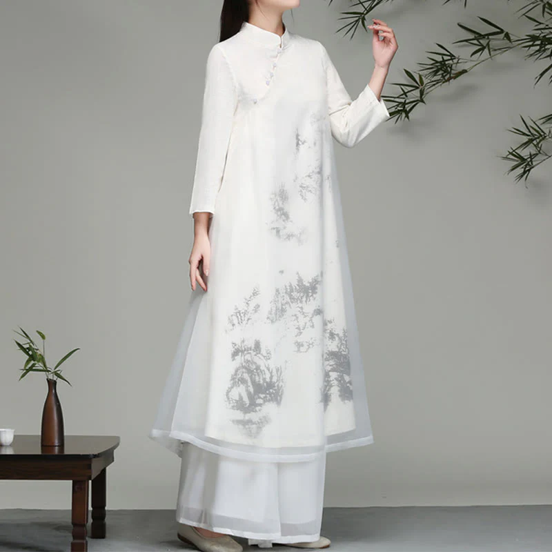 Buddha Stones  Chinese Frog-Button Design Long Sleeve Chiffon Midi Dress