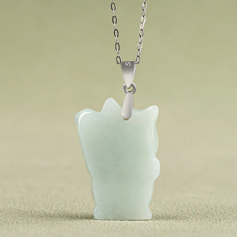 Buddha Stones 925 Sterling Silver Jade Fortune Cat Prosperity Necklace Pendant