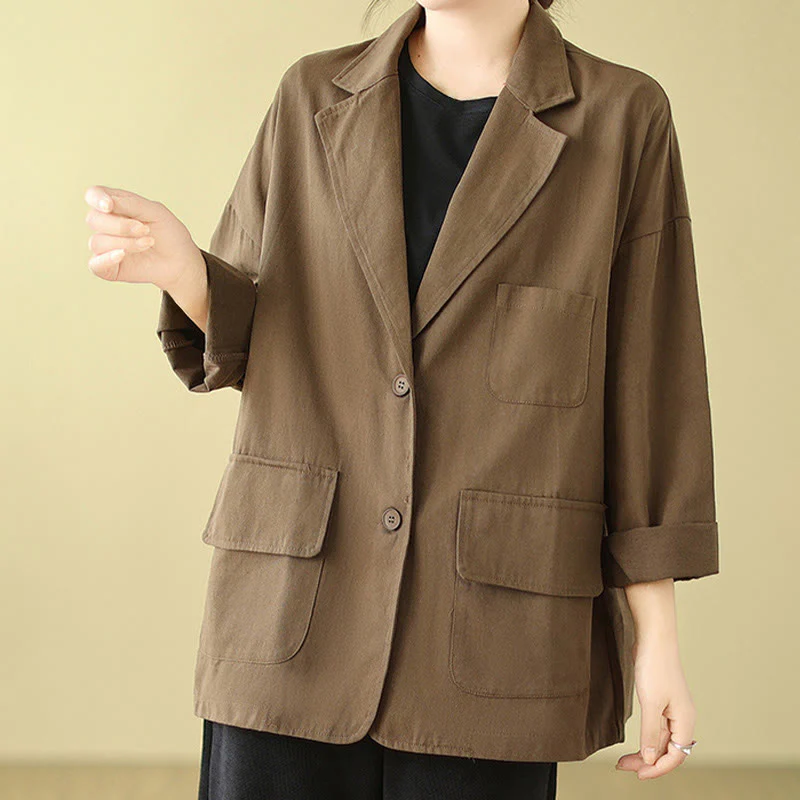 Buddha Stones Plain Women's Cotton Suit Jacket With Pockets