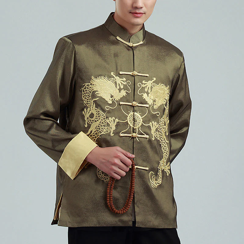 Buddha Stones Embroider Dragon Turned Sleeves Casual Frog-button Polyester Fiber Men's Jacket Shirt Pants Clothing
