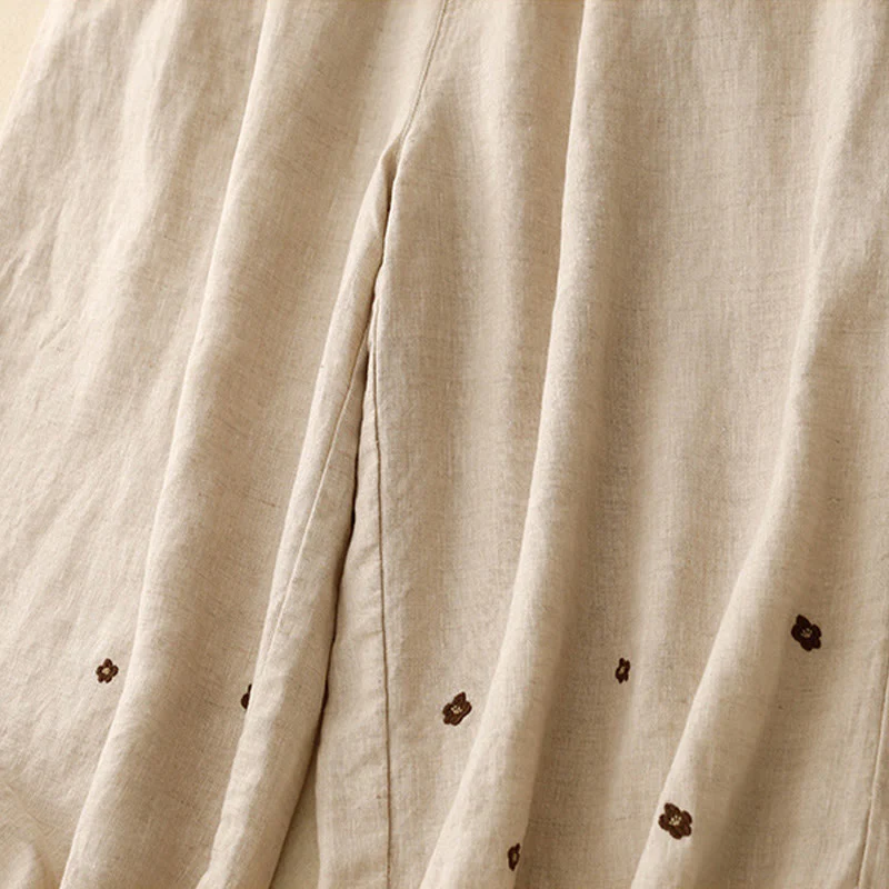 Buddha Stones Casual Embroidered Petals Women's Cotton Linen 7-8 Length Harem Pants With Pockets