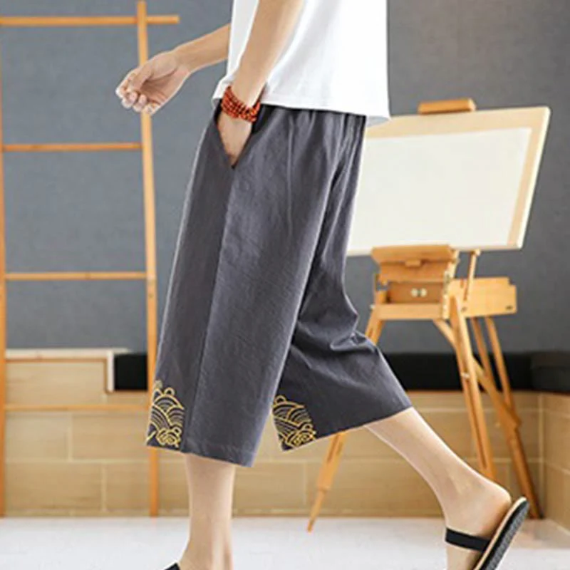 Buddha Stones Spring Casual Embroidery Drawstring Men's 7-8 Length Cotton Linen Harem Pants With Pockets