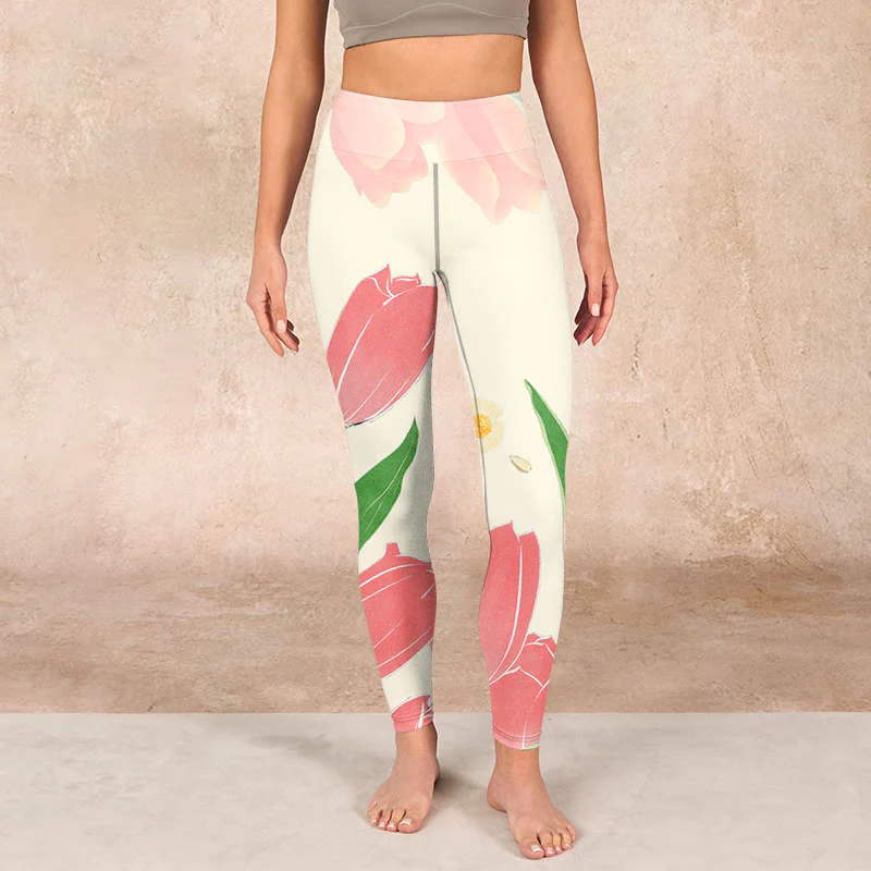 Buddha Stones Pink Tulip Flower Print Gym Fitness Leggings Women's Yoga Pants