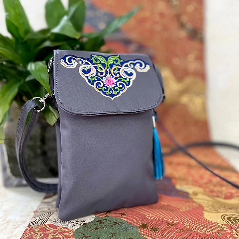 Buddha Stones Waterproof Handmade Embroidered Lotus Flowers Crossbody Bag Shoulder Bag Cellphone Bag