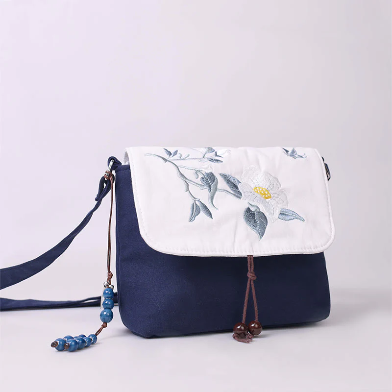 Buddha Stones Embroidered Camellia Epiphyllum Gardenia Sakura Flowers Crossbody Bag Shoulder Bag Cellphone Bag