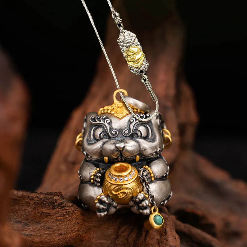 Buddha Stones 925 Sterling Silver Tibetan Treasure-spitting Rat Protection Necklace Pendant