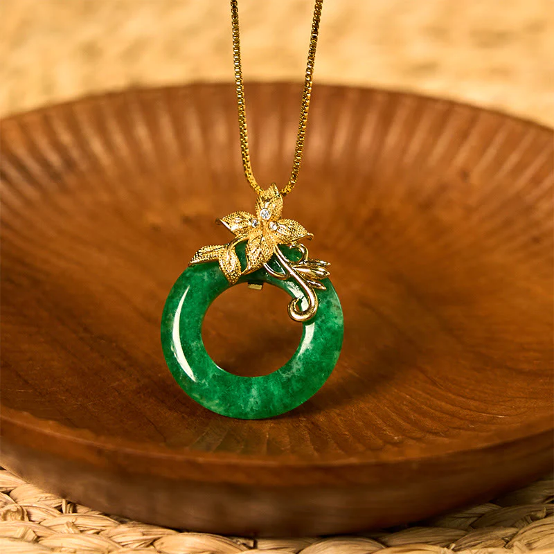 Buddha Stones Cyan Jade Peace Buckle Alloy Flower Healing Luck Necklace Pendant