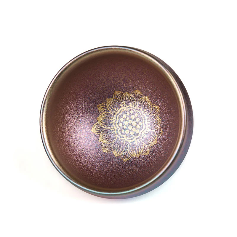 Buddha Stones Handmade Chinese Jianzhan Golden Lotus Flower Ceramic Teacup Kung Fu Tea Cup 150ml