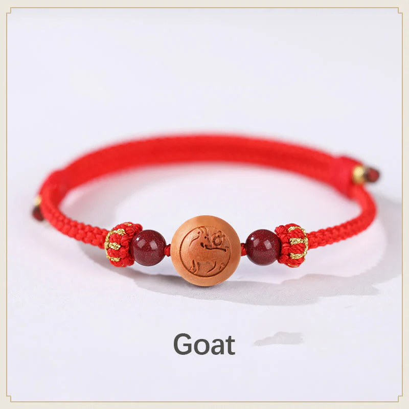 Buddha Stones Natural Peach Wood Chinese Zodiac Fu Character Carved Cinnabar Wealth Bracelet