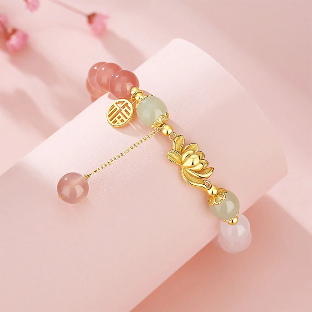 Buddha Stones 925 Sterling Silver Natural Gradient Agate Hetian Jade Lotus Fu Character Enlightenment Bracelet